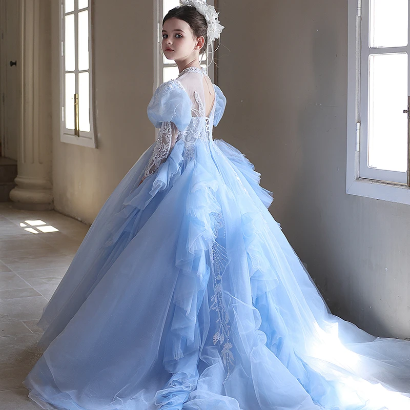 

Luxury Blue Beaded Long Sleeve Tulle Formal Flower Girls Dress for Kids Princess Wedding Birthday Party Evening Ball Gowns