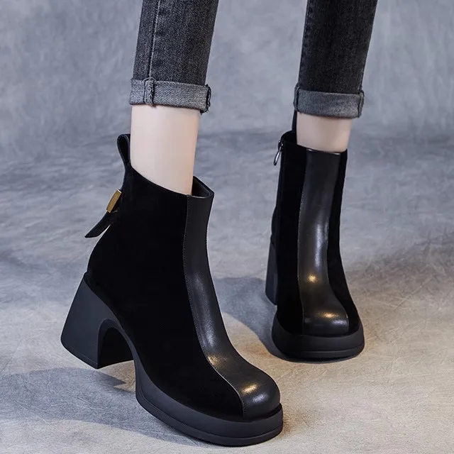 

Slim Fashion Boots Real Leather Sheep Suede Women's Chelsea Boot Winter Warm Rubber Sole round Toe High Heel Short Boots