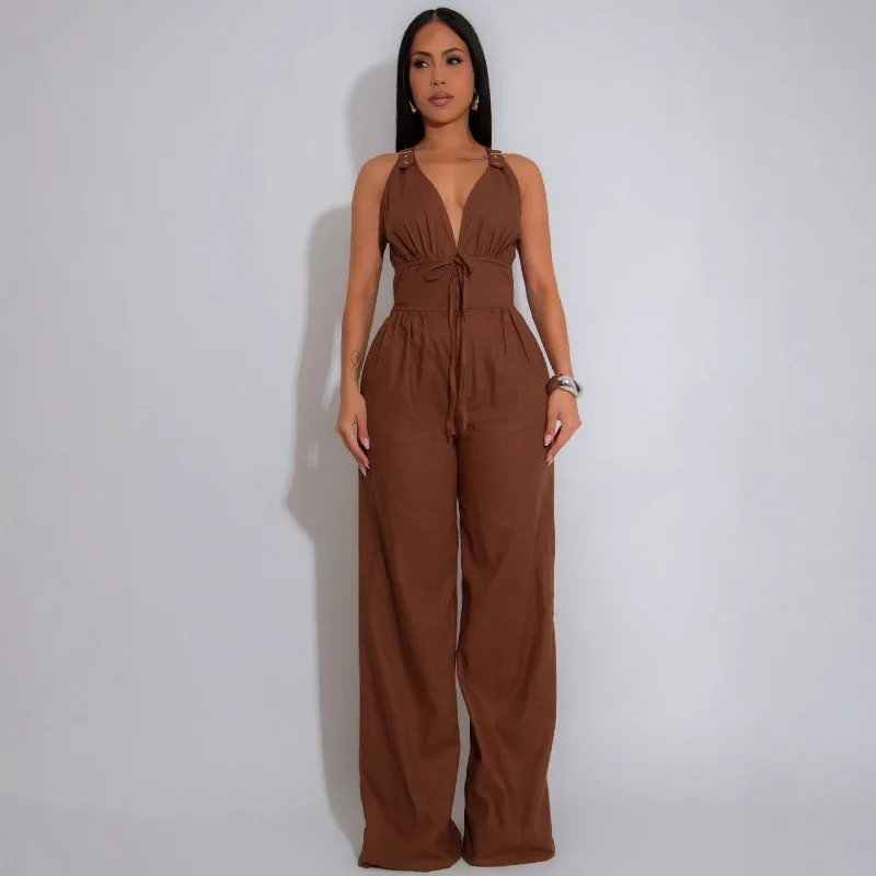 Kexu feminino ruched sem mangas com decote em v cinto perna larga macacões longos 2025 verão sexy festa praia moda rua outfit macacão