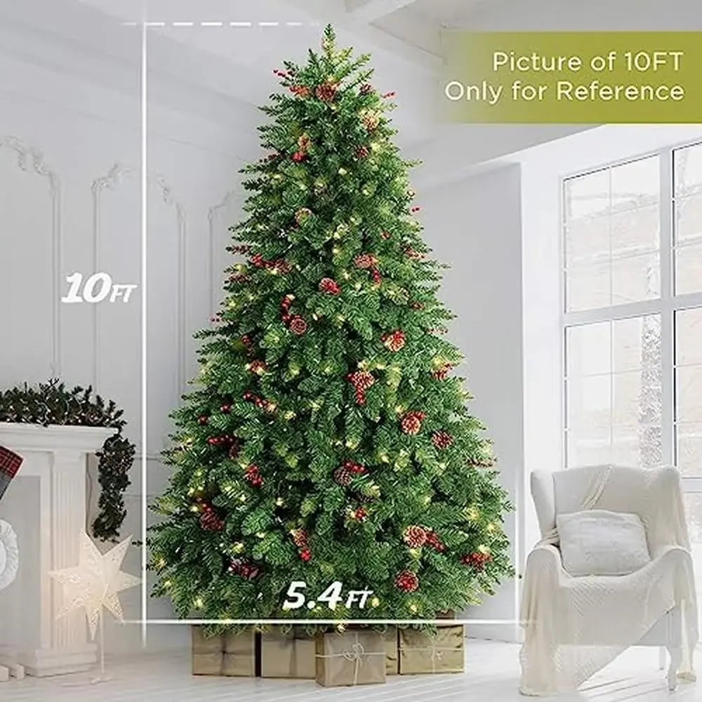 Artificial Christmas Tree 10FT Pre-lit Berries Pine Cones Metal Base Clear Lights Winter Decor Full Branches Easy Assemble