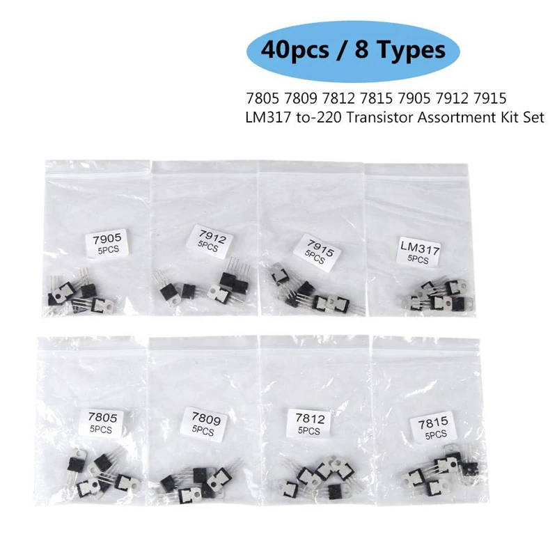 40Pcs 8 Types 7805 7809 7812 7815 7905 7912 7915 LM317 Transistor Assortment Kit Set