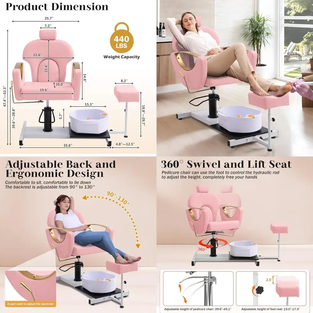 

Adjustable Height Reclining Pedicure Station with 360 Swivel Massage Foot Bath in Pink