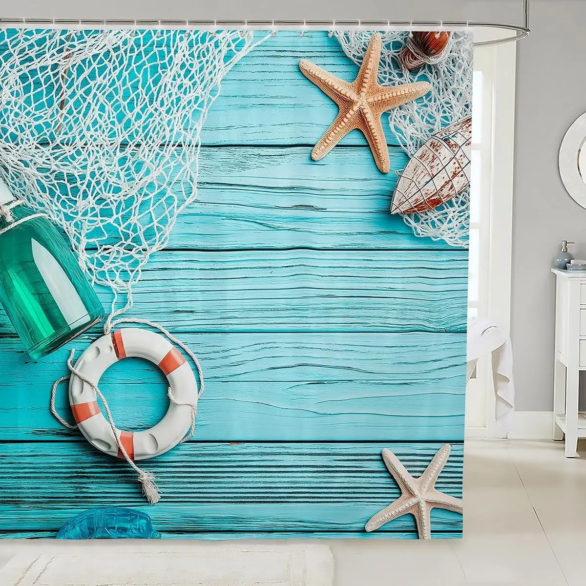 Nautical Beach Shower Curtain Polyester Coastal Tropical Ocean Decor Rustic Wood Net Starfish Bathroom Waterproof Curtain