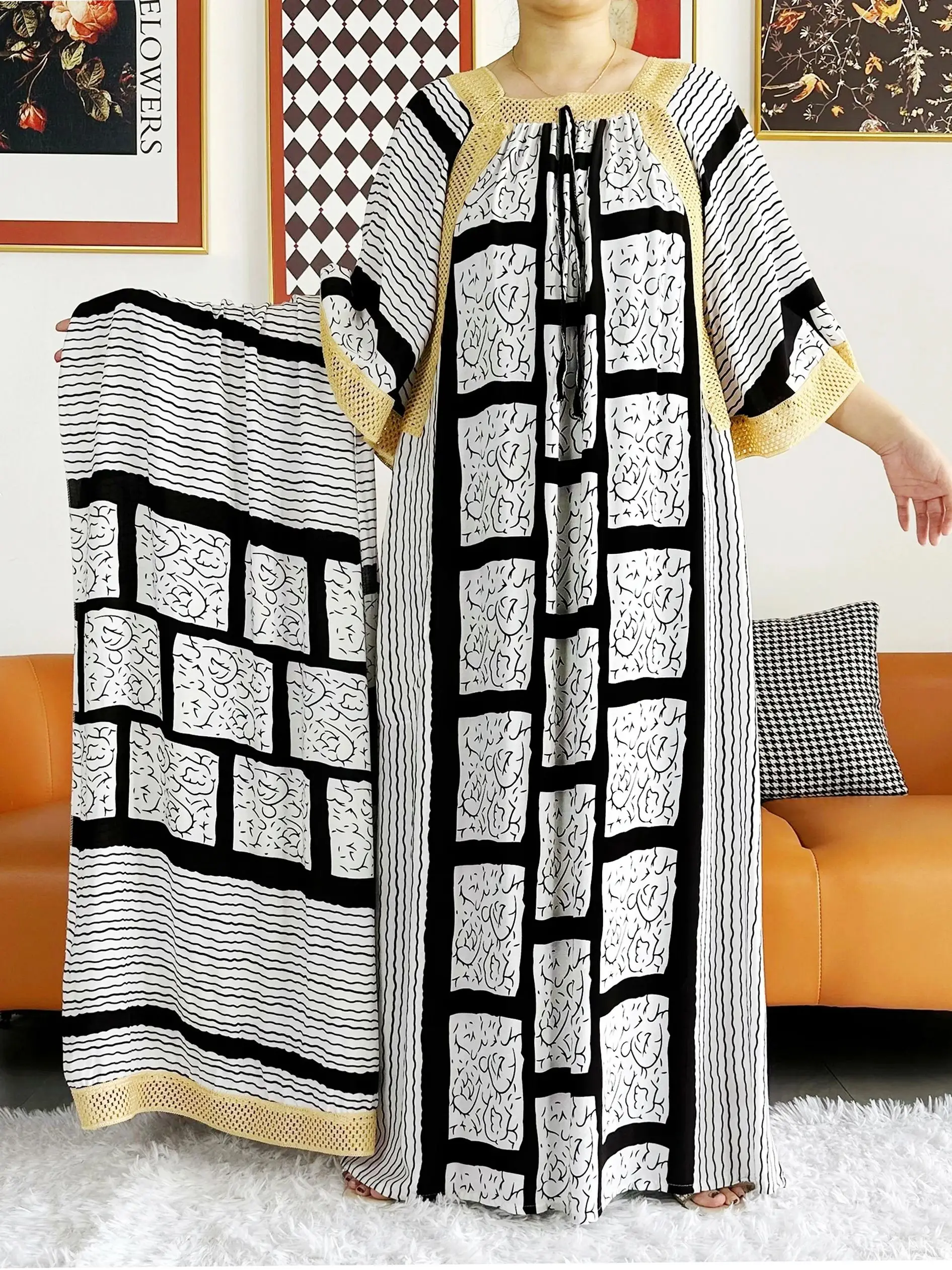 

New Fashion African Lady Big Scarf Dress Lace Embroidery Floral Boubou Maxi Islam Cotton Loose Women African Abaya Clothing