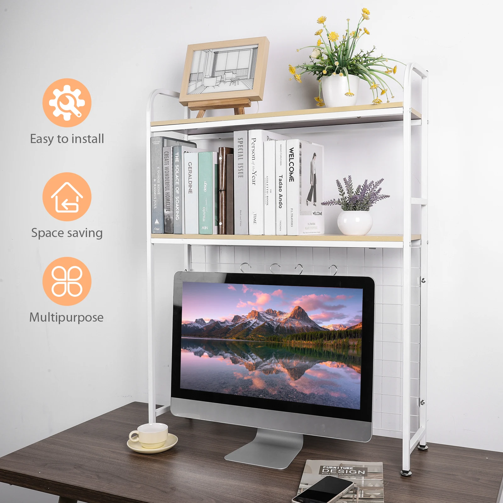 2 Tier Wooden Bookcase Organizer with Grid Panel Countertop Storage Rack Multipurpose Desktop Decorative Rack for Computer Desk