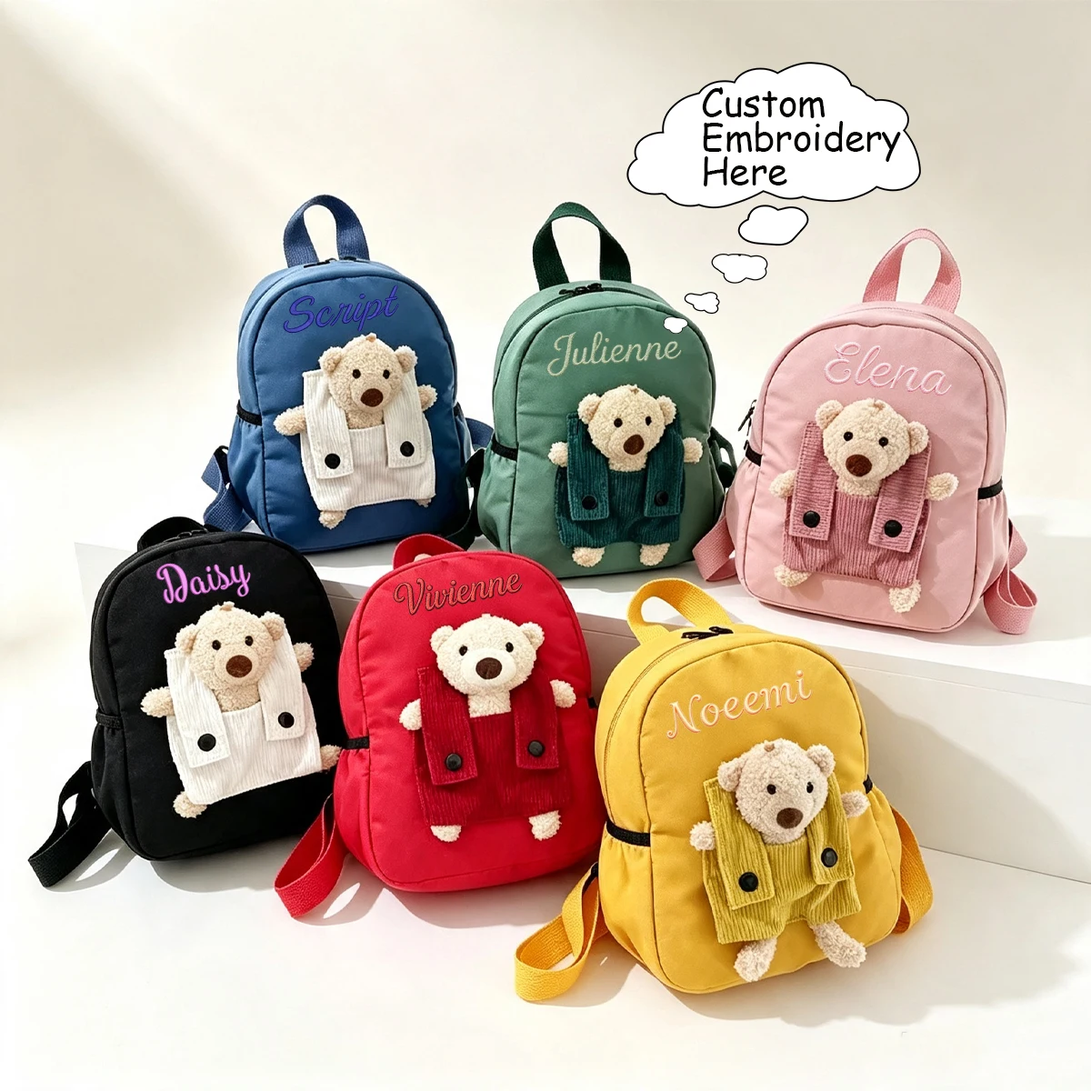 Supports custom name embroidery on the backpack, with a cute 3D standing teddy bear decoration, side storage pockets, and adjustable shoulder straps. Perfect for weekend outings, birthday gifts, Christmas presents, and