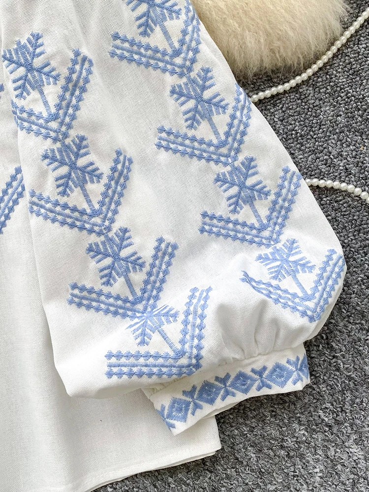 بلوزة نسائية مطرزة للخريف بأكمام طويلة قميص ريترو بوهيمي نمط التعادل صبغ فانوس كم فضفاض أنثى شابة Blusa BL244