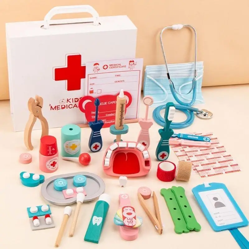 F62D Early Education Tandarts Tools Wooden Tandarts speelgoed Doctor Gadgets Doctor Tandarts Girl Real Stethoscoop Set