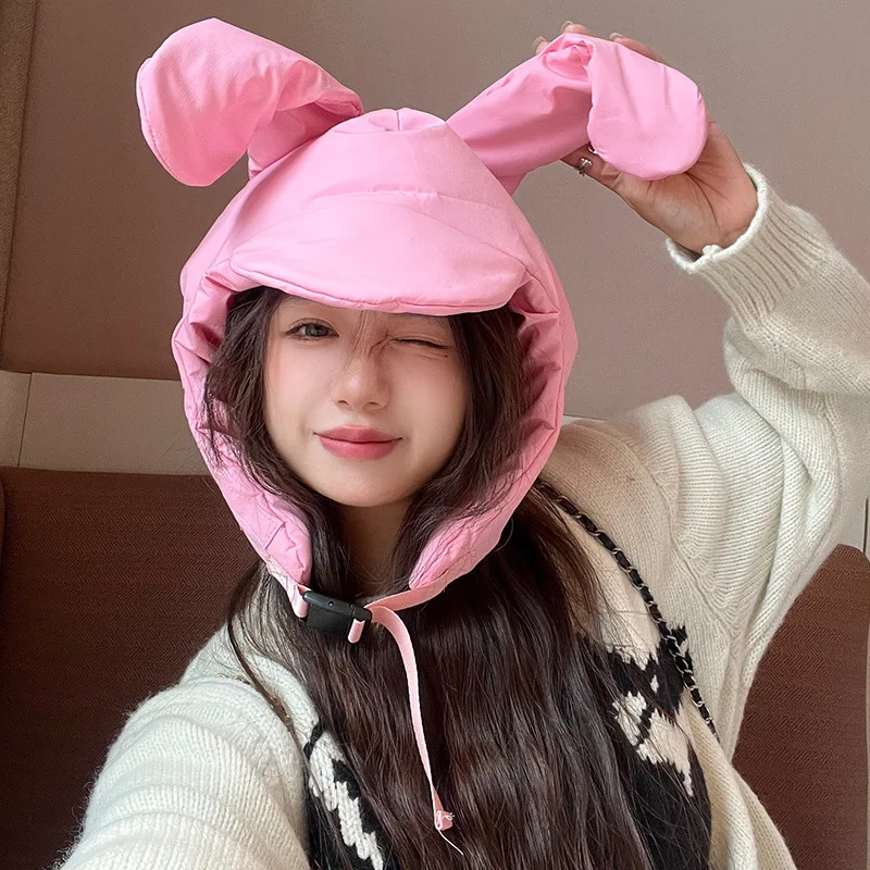 

Rabbit Ear Winter Down Padded Bomber Hats Women Funny Long Bunny Ear Earflap Trapper Cap Windproof Thermal Designer Cap Men