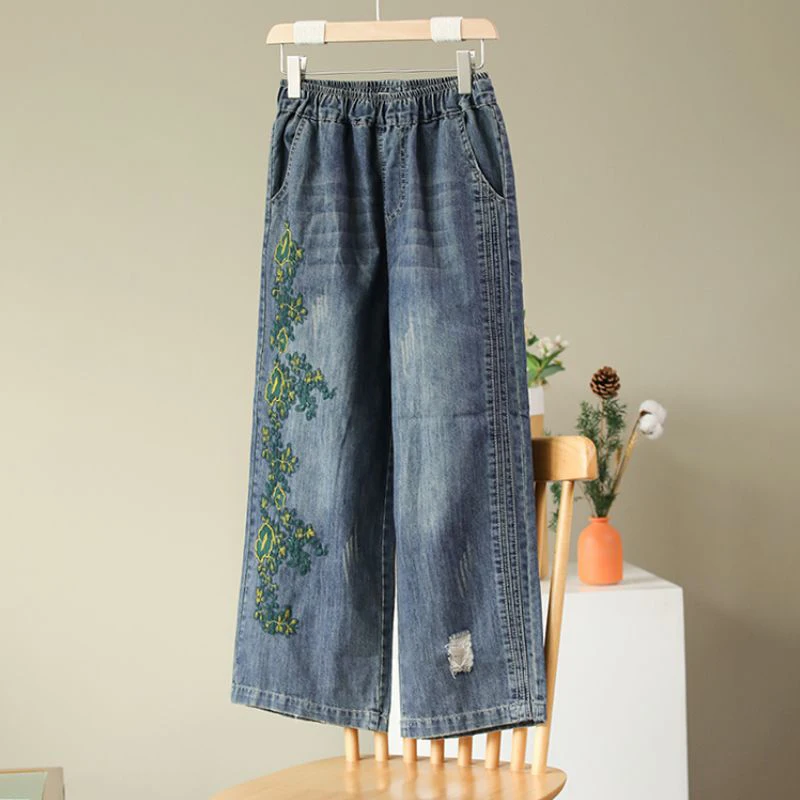 

Loose Embroidered Jeans Womens Spring Autumn New Vintage High-Waisted Nine-Point Pants Female Casual Denim Straight Leg Pants