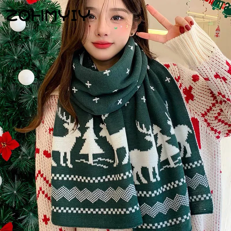 Winter Warm Scarf For Women Men Deer Elk Double-Sided Knitted Scarves Fashion Versatile Woolen Shawl Girls Christmas Present