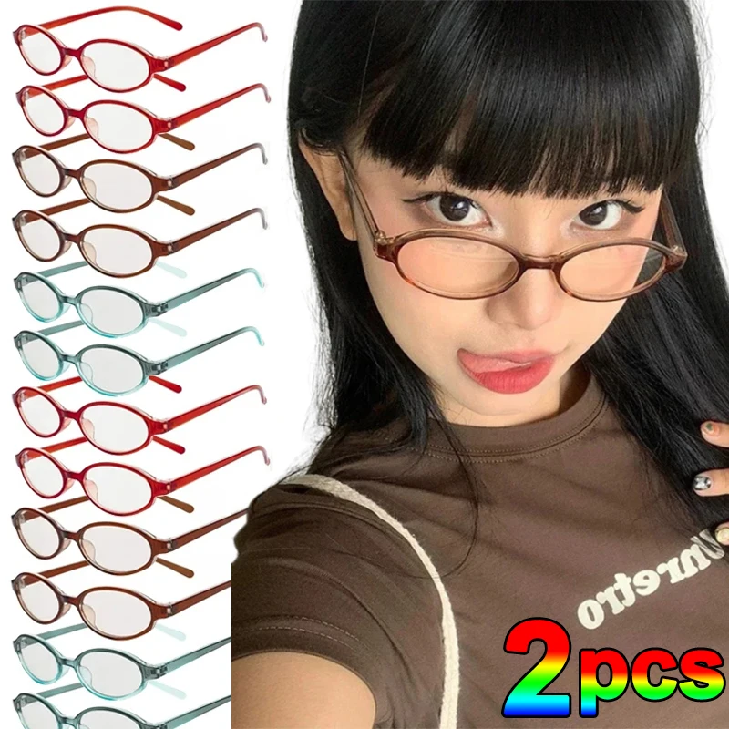 1-2pcs Girls Y2K Red Green Frame Glass Retro Oval Glasses Eyewear Decorative Computer Anti-blue Eyeglasses with Seaside Driving