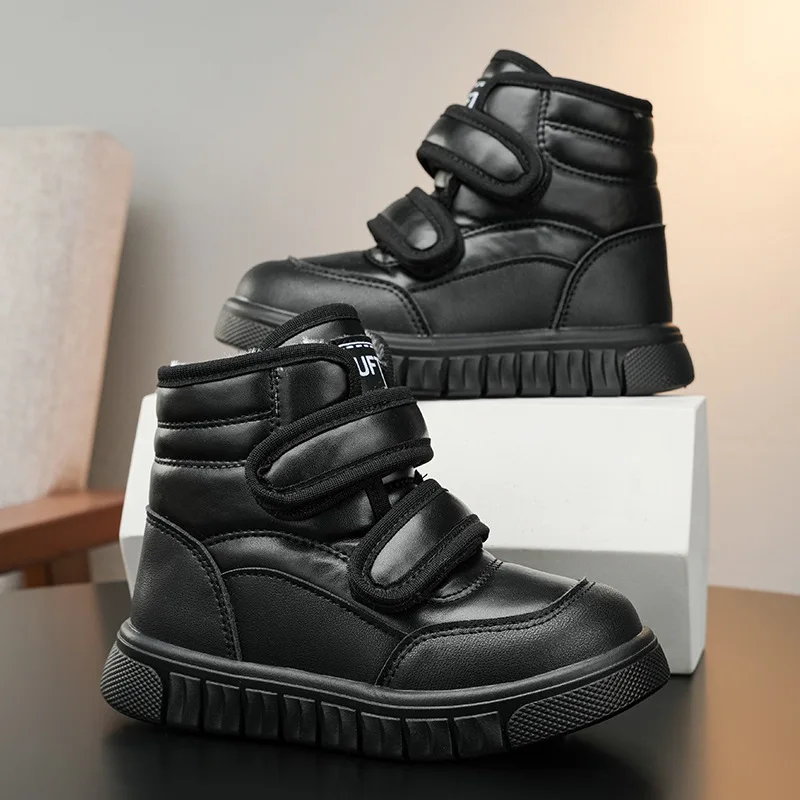 Kids'Snow Boots PU Leather Winter Fashion Outdoor Flat Thick Bottom Shoes For Children Warm Anti-slip Black Silver Size 28-38