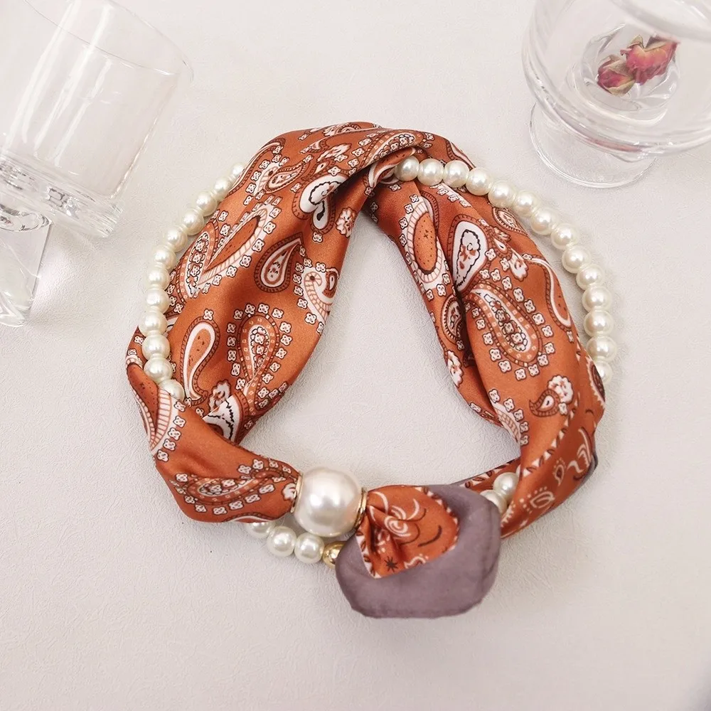 New Magnetic Buckle Magnetic Pearl Neck Scarf Detachable Small Pearl Satin Neck Scarf Pearl Soft Thin Long Thin Shawl For Women