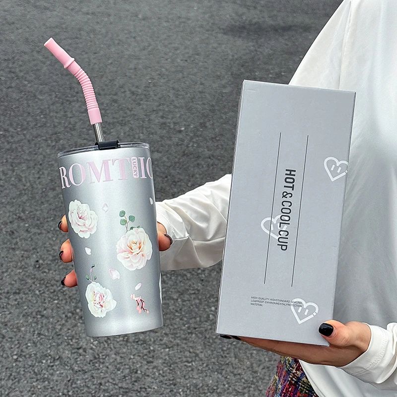 1pc Fashionable Flower-Patterned Stainless Steel Vacuum Flask, 520ml - High-Appearance Straw Cup, Portable Vacuum Insulated Cup