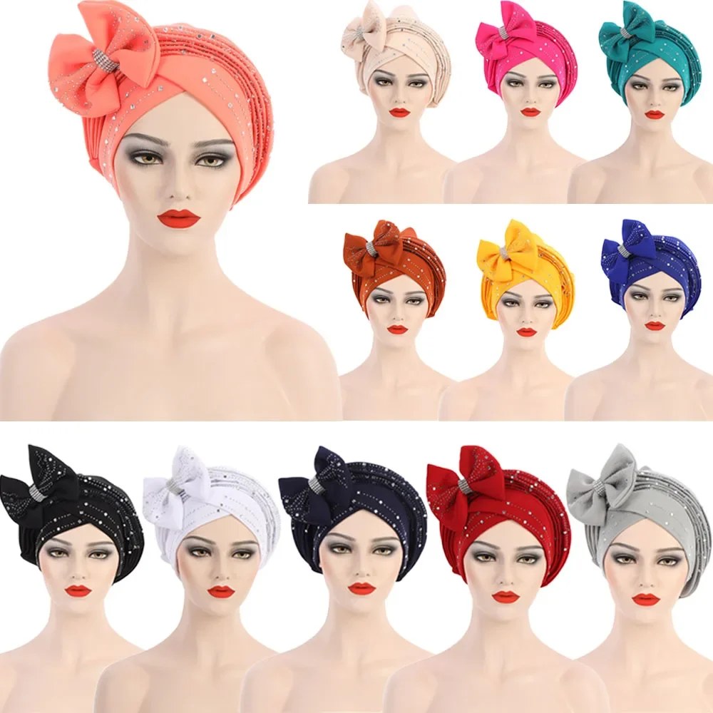 

2025 Latest African Auto Geles Headtie Already Made Headties Shinning Sequins Turban Chemo Cap for Women Ready Female Head Wraps