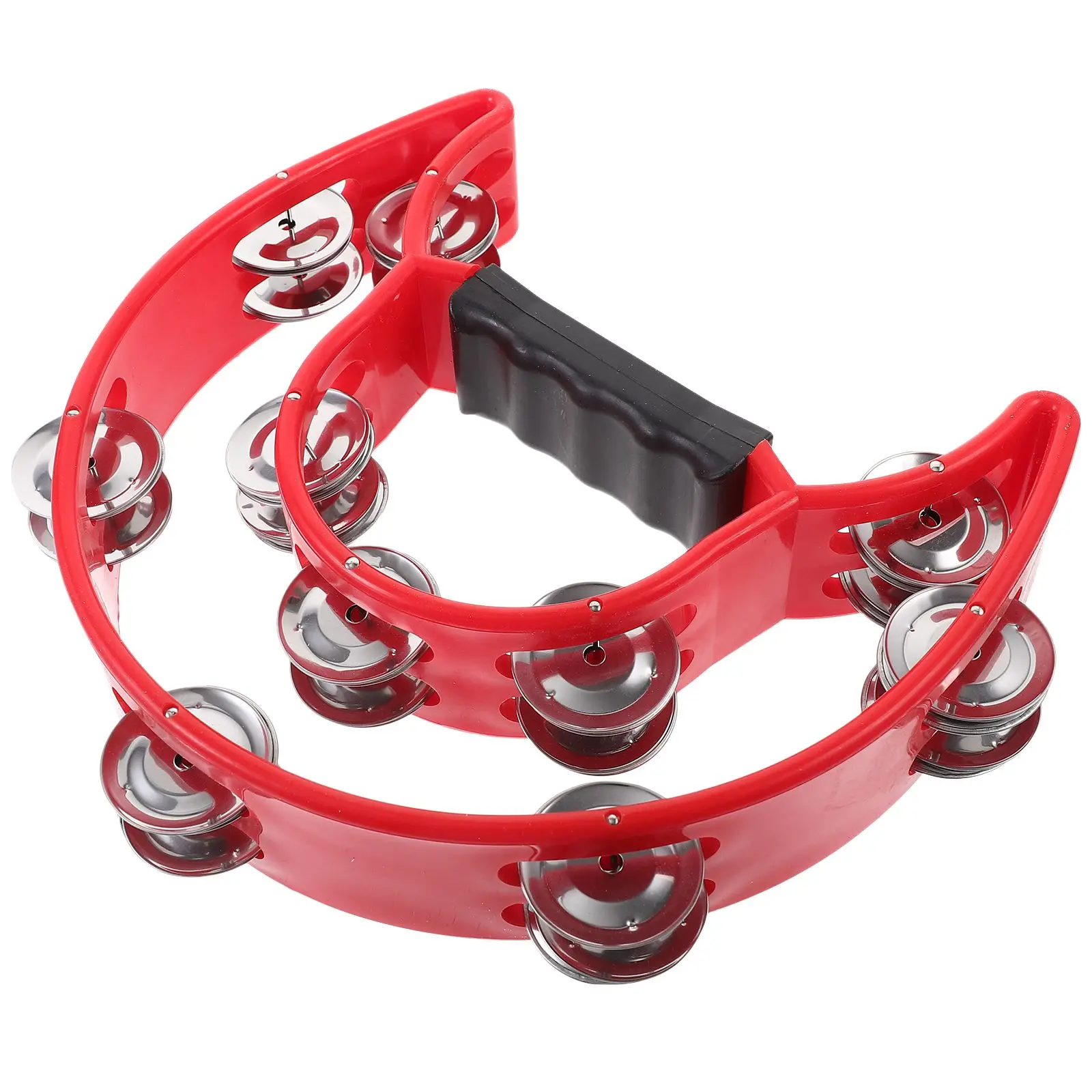 

Hand Bell Tambourine Red Double Row 40 Jingles 10 Sets Rubber Handle Stable Grip Crisp Sound Percussive Rhythm