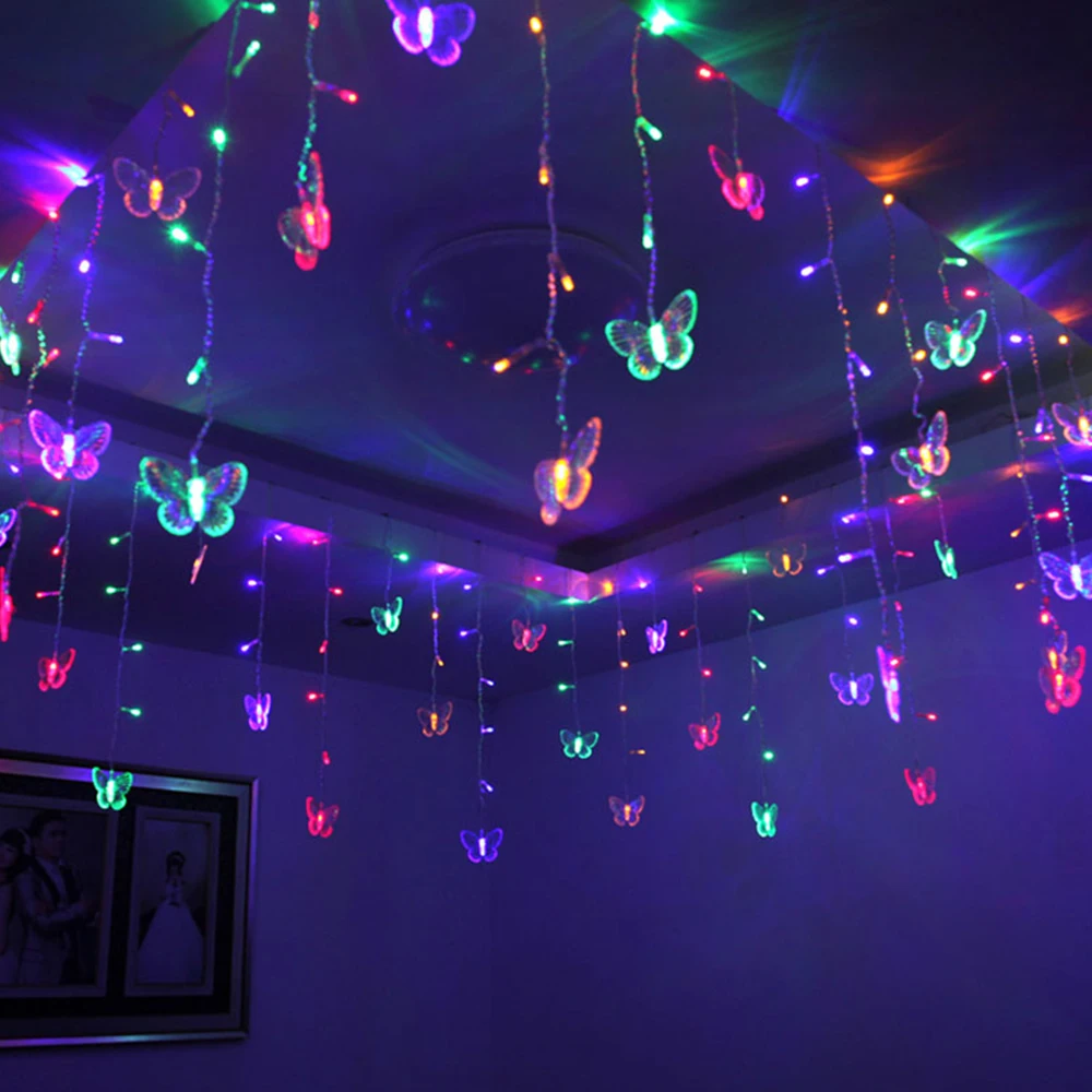 220V/110V Purple Pink Fairy Lights led Curtain String Light Butterfly Garland Deco For Christmas Room Bedroom Wedding Decoration