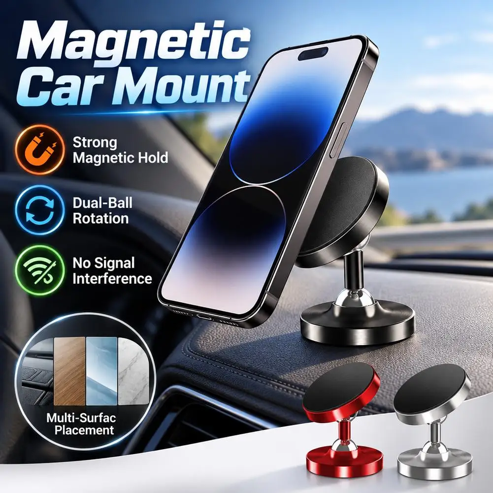 Magnetic Car Phone Holder Dual Ball Rotation Dashboard Mount Strong Stand Multi Surface Placement For iPhone 18 17 16