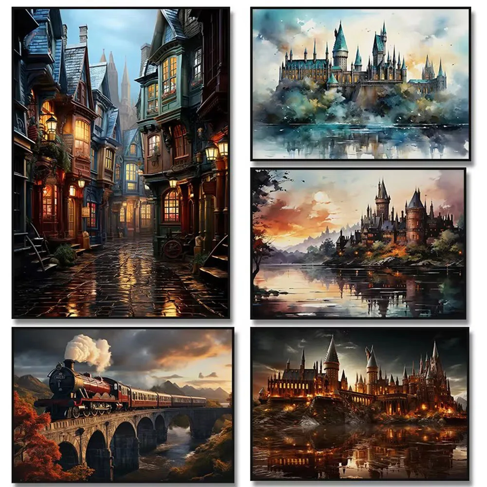 Dark Academia Magical Castle Train School Art 5D Diy Mosaic Diamond Painting Fantasy Magic Wizard Owl Book Wall Decoration Gift