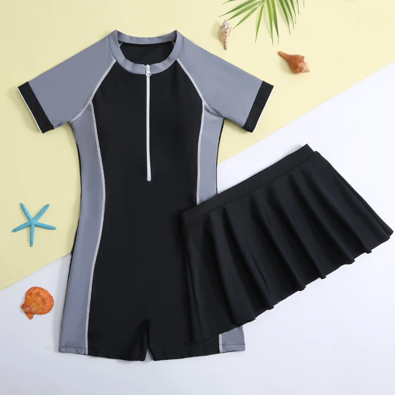 2023 Swimsuit with Skirt Girls Short Sleeve Children Kids Bathing Suit One Piece Sports Swimwear Rash Guard Quick Dry Monokini