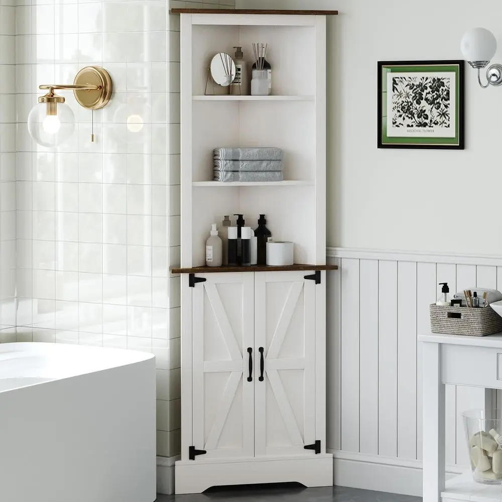 Tall Corner Cabinet with Barn Door and Adjustable Shelves, 5Tier Corner Shelves for Small Space, Living Room, Hallway, Bathroom,