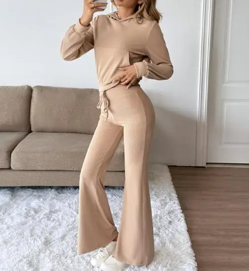 

Комплект из двух предметов, женский наряд, весна-осень 2024, новый однотонный комплект с длинными рукавами и карманами, толстовка с капюшоном и повседневные брюки