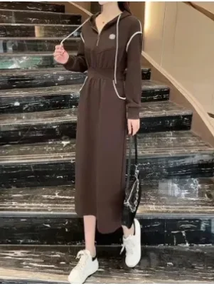 plus Size A-Line Dress Drawstring Maternity Casual Comfortable Breathable Long Sleeve Mid-Length Korean Style Autumn Wear