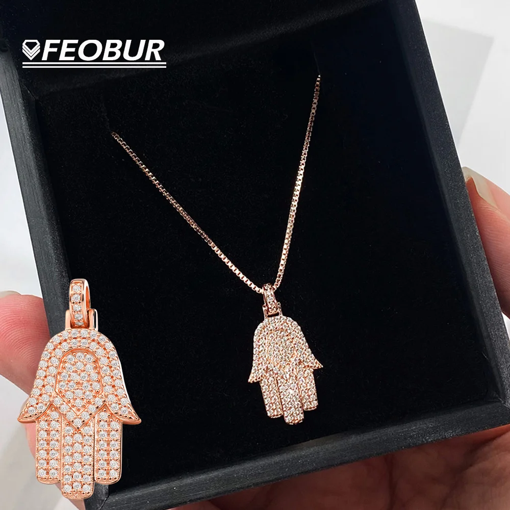 Full Moissanite Hamsa Pendant Necklace for Women Passed Diamond Test S925 Silver Plated 18k RoseGold שרשרת חמסה Jewelry Birthday