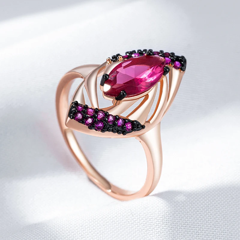 Kinel Hot Shiny Red Natural Zircon Rings for Women Fashion Geometry 585 Rose Gold Color High Quality Daily Fine Vintage Jewelry