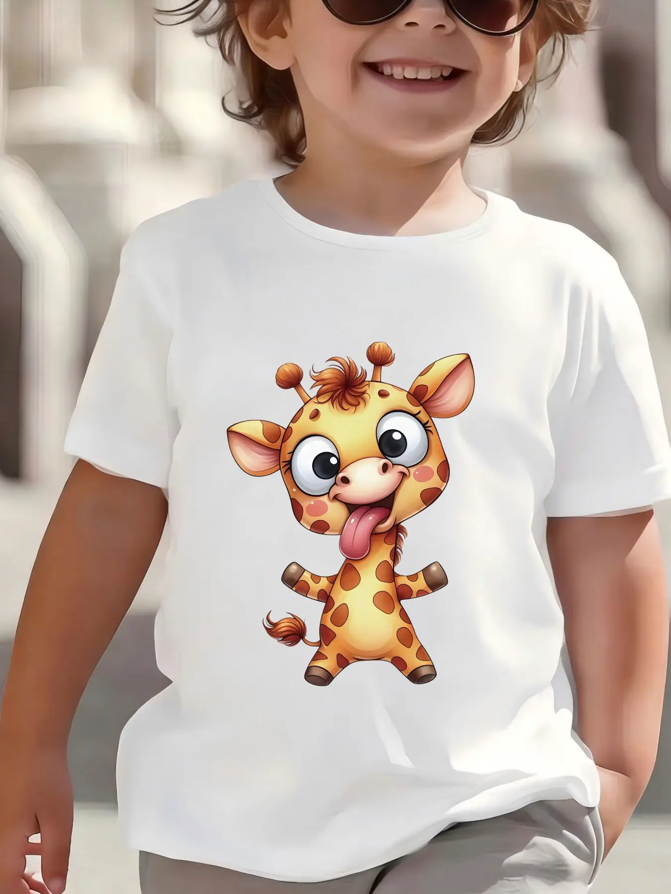 Kids Cute Funny Tongue Out Giraffe Graphic Tee Boys Girls Family Matching Short Sleeve Zoo Animal Cartoon Casual Daily T Shirt
