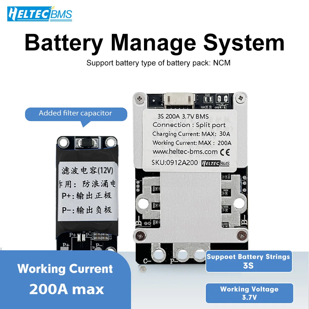 Heltecbms 3S Split Port  BMS 100A 200A 3.7V Balancer 11.1V 18650 Battery Protection Board  NCM Lithium Battery