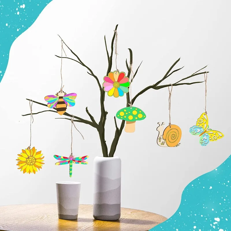 木製 DIY 手作りペンダント 漫画の花 虫 木製ペンダント 手描き 塗装済み 子供用 DIY 塗装済み素材