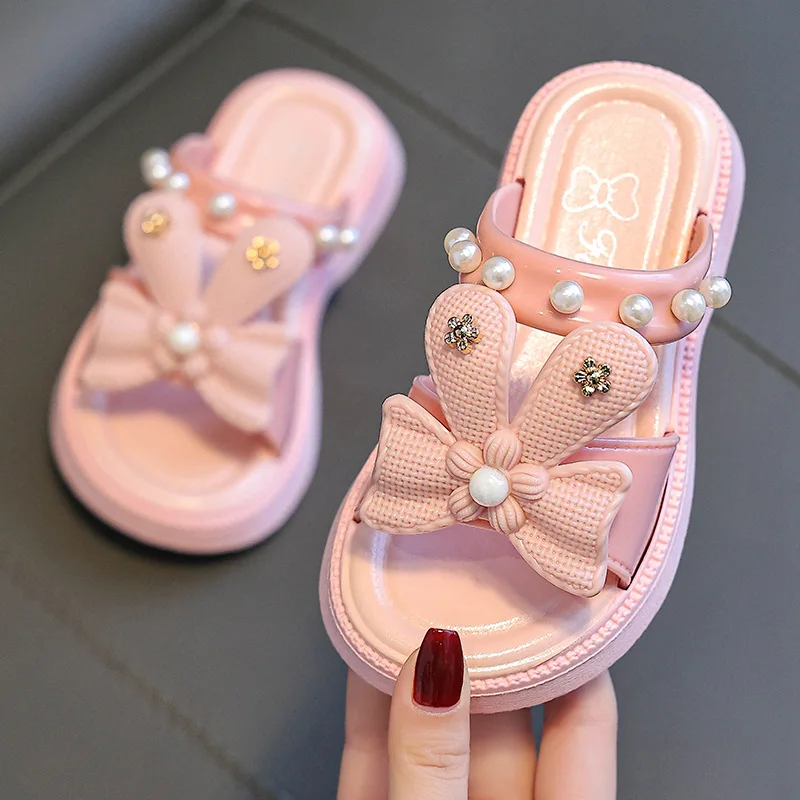 Girls Slippers Fashion Cartoon Princess Shoes Summer Soft Sole Non-slip Indoor Slippers Cute Bow Pearl Bathroom Slides Flip Flop