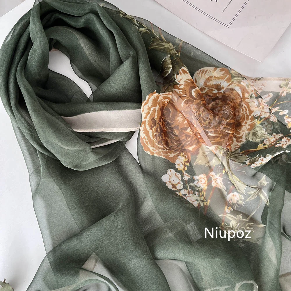 Georgette-Bandana de gasa con estampado de flores para mujer, pañuelo elegante de color verde, protector solar para playa, chal de viaje fino para