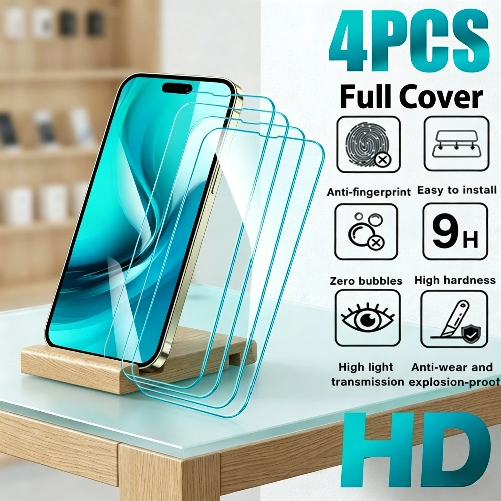 

Комплект из 4 ультрапрозрачных защитных стекол для iPhone 17, 16, 15, 14 Pro Max, Air 17e, 16, 15, 14 Plus, 13, 12, 11 Pro – Защита экрана от царапин