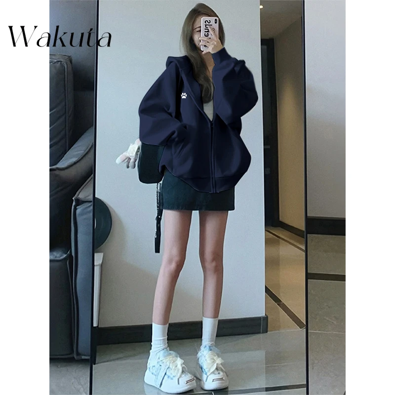 WAKUTA American Chic Round Neck Long Sleeve Hooded Sweater Fashion High Sense of Loose Versatile Casual Jacket Hoodies Women