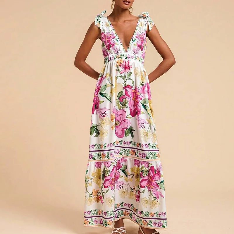 Women Fashion Print Loose Holiday Beach Dress Spring Double V Neck Backless Long Dress Summer Tie-up Sling Boho Maxi Dress Mujer
