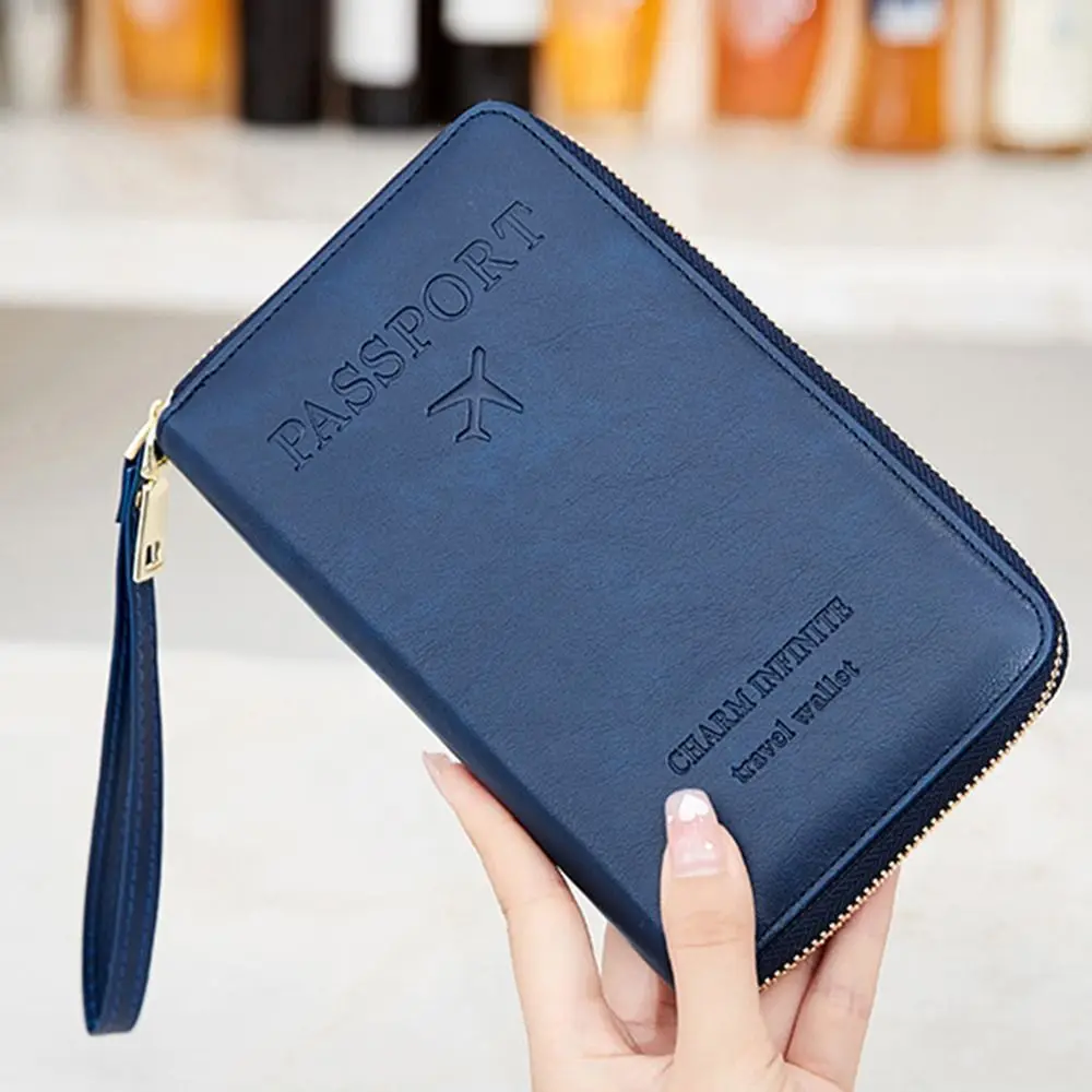 

Multifunctional Leather Passport Holder PU Leather High Quality RFID Blocking Wallet Durable with Zipper Document Organizer