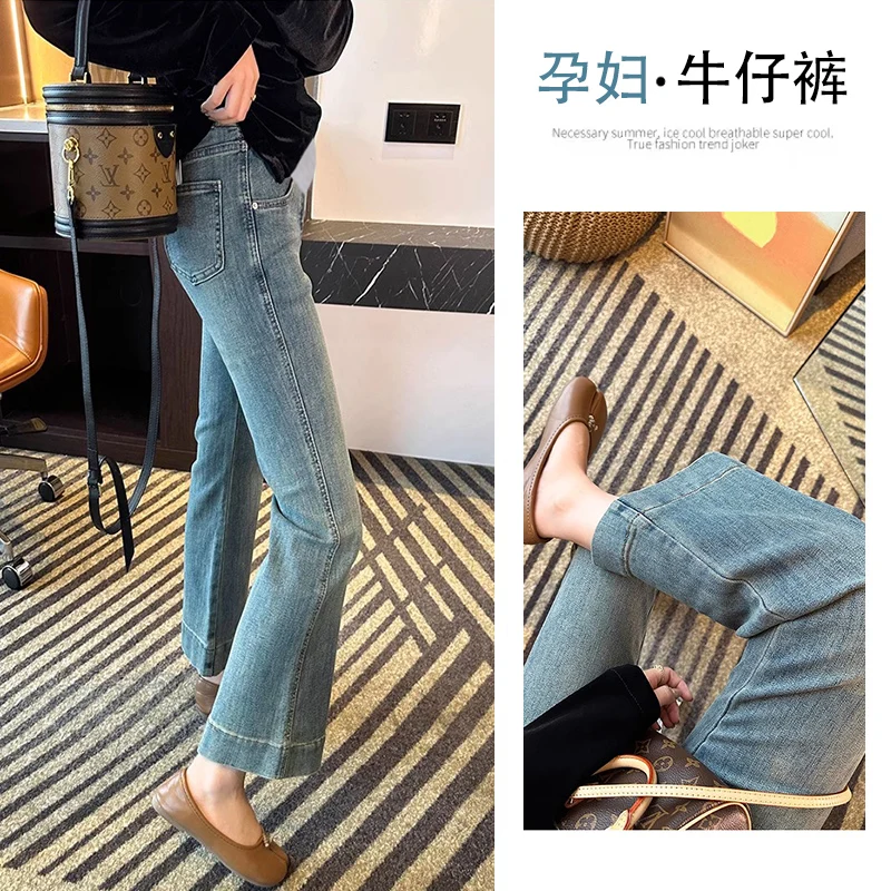 

Stretch Denim Maternity Flared Cropped Jeans 2024 Spring Summer Belly Pants Clothes for Pregnant Women Pregnancy Slim Trousers