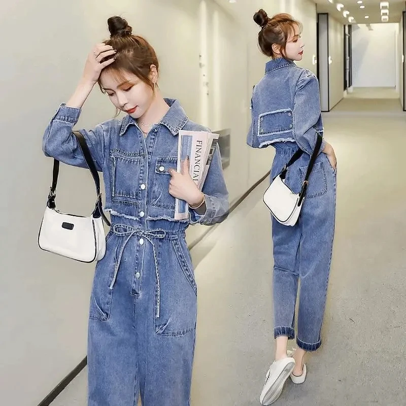 

Spring Women Denim Jumpsuits Oversized Fashion Loose Wide Leg Cargo Pants Pockets Ladies Vintage Blue Playsuit Jump Suits Fall