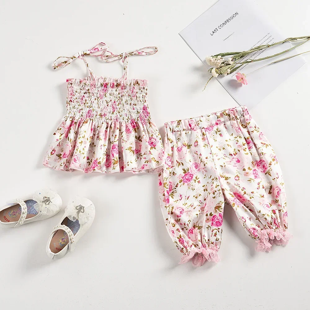 Summer Baby Girl Set Plain Weave Suspender Top + Leggings 2pc Set Rose Pattern Casual Comfort Set, Vacation or Going Out