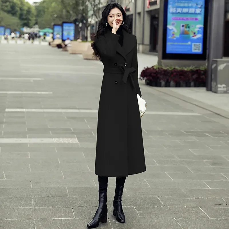 

Women's Woolen Coat High end Slim Fit Lace Up Long Woolen Outwear New Autumn Winter Female Temperament Fashion Wool Outcoat