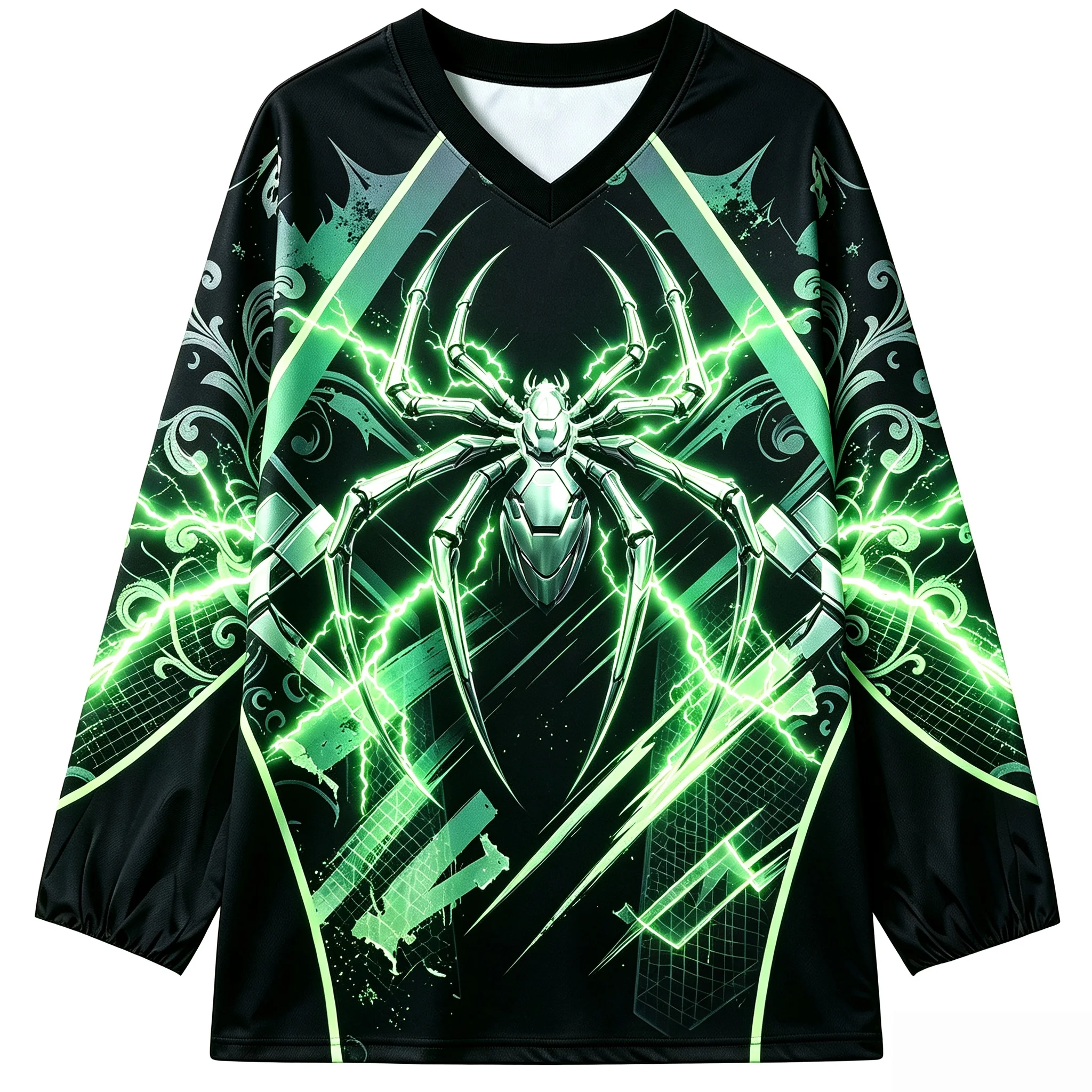 Men Mechanical Spider Lightning Print Long Sleeve T‑Shirt V‑Neck Streetwear Hip Hop Loose Fashion Pullover Casual Tops