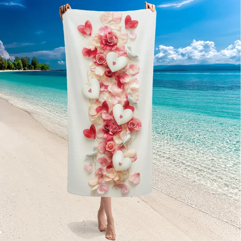 قطعة واحدة من من منشفة الشاطئ بنمط قلب، قماش بوليستر، قابلة للغسل في الغسالة، رائعة للشاطئ والسفر، ديكور الحمام