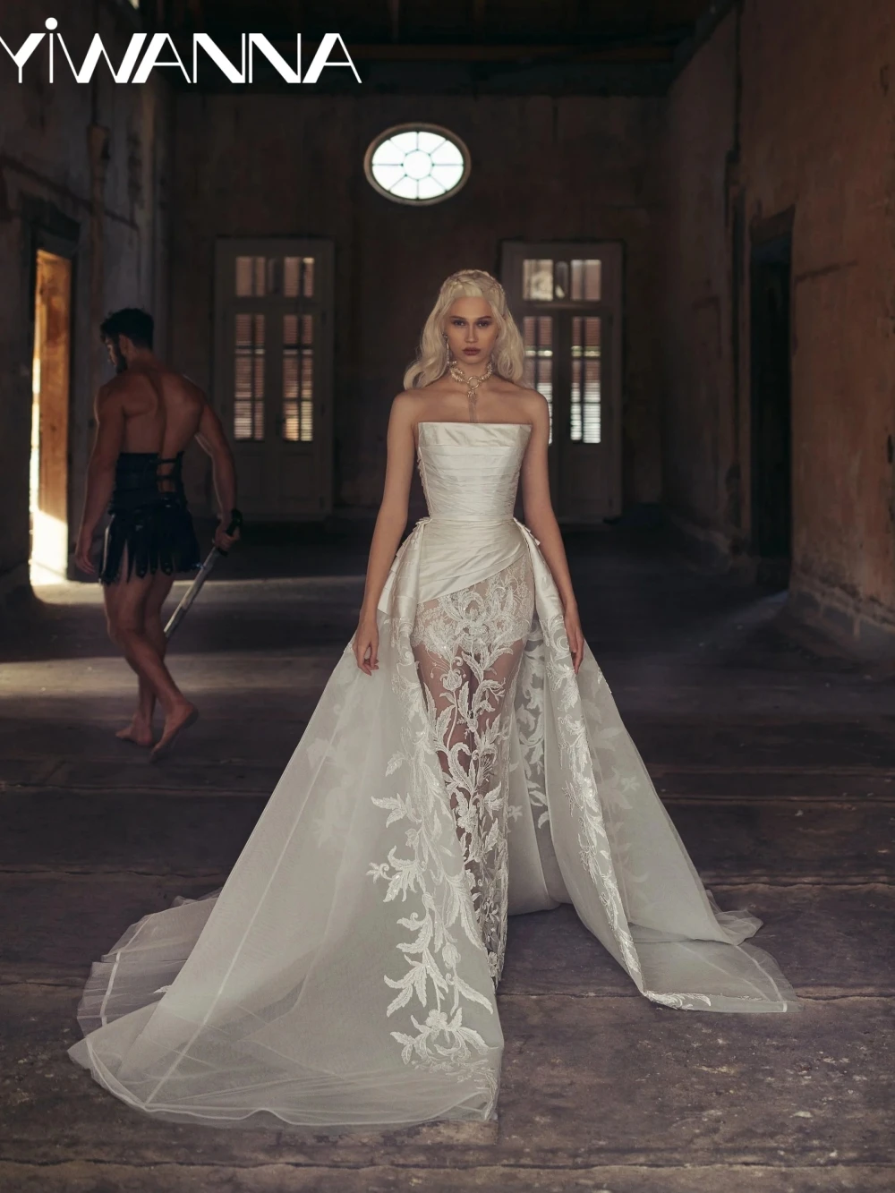 

Detachable Train Beaded Strapless Wedding Dress Illusion Lace Backless Bridal Gown New Customized Charming Dresses For Bride