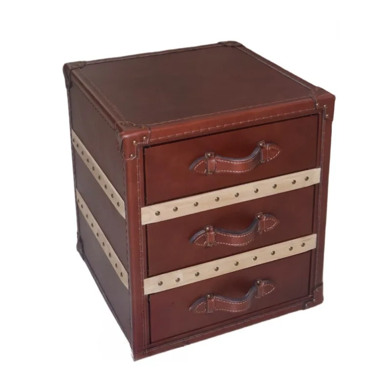 

Genuine leather bedside table retro first-layer cowhide storage cabinet