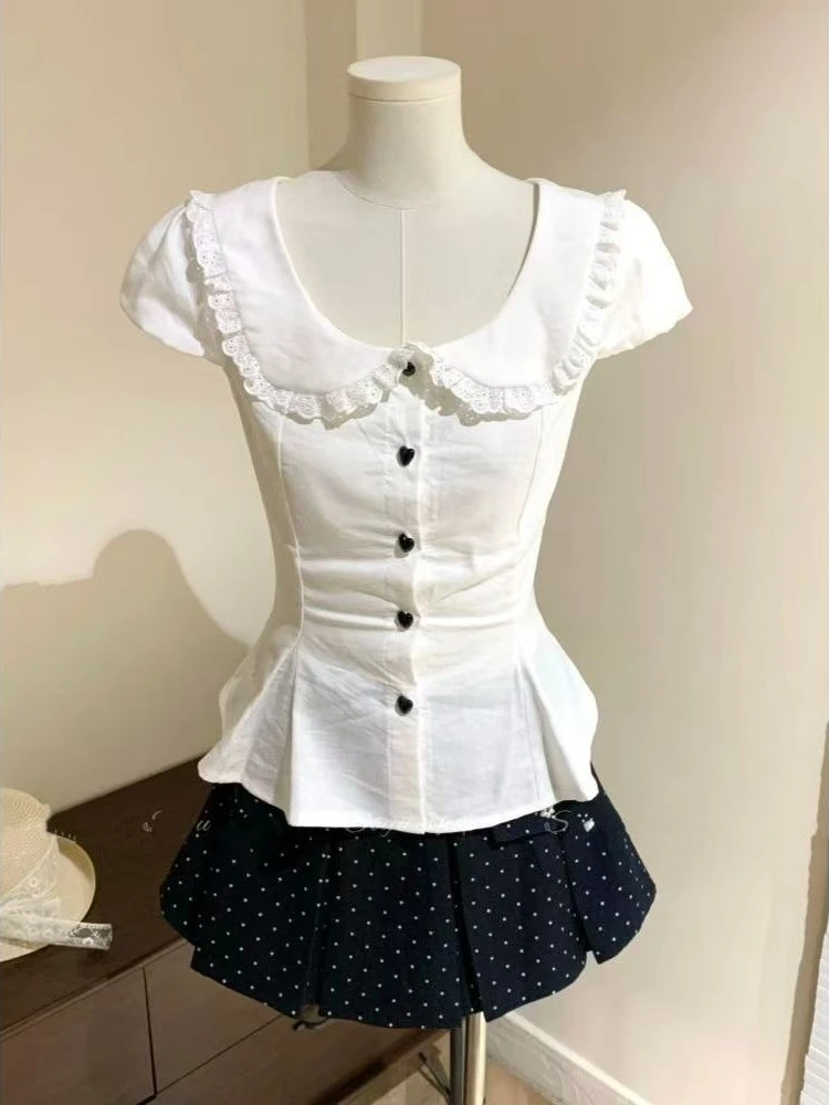 Summer New Doll Collar Shirt Polka Dot Pleated Skirt Suit French Cute Lace Love Waist Coat College Style Two-piece Sweet Girl view 6