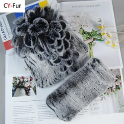 New Style Lady Knit Fur Chapéus Silenciador 2 Peças Mulheres Quente Rex Rabbit Fur Hat Scarf Conjuntos de Inverno Natural Rex Rabbit Fur Cap Lenços