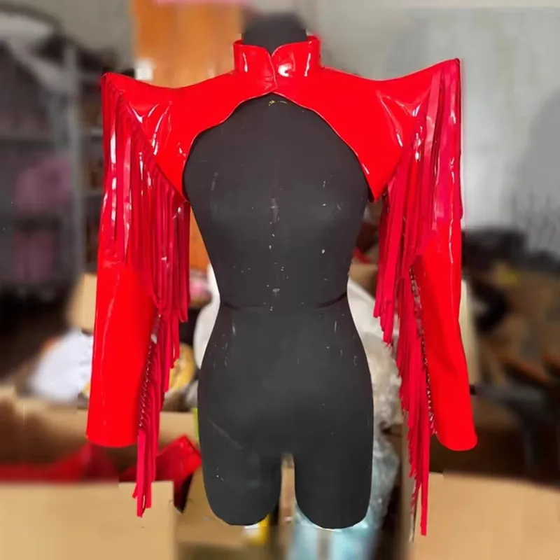 Performance Accessories Queen Dance Costume Red Leather Tassel Fly Shoulder Pads Women Jazz Dancer Singer Armor Waistcoat Stage